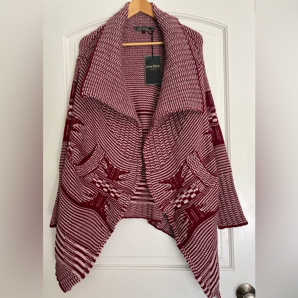 Love Stitch Burgundy Red and White Open-Front Draped Sweater Cardigan